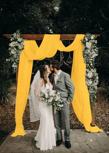 Miniatura 10 de DUOBAO 2 paneles de gasa amarilla para arco de boda, cortinas de gasa de 20 pies de gasa para banquetes de boda, cortinas de gasa transparente