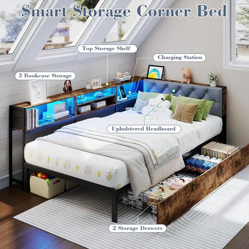 Miniatura 5 de Doltoro Marco de Cama de Esquina Individual con Estantería de Almacenamiento y Luces LED, Cama Diván Tamaño Individual con 2 Cajones de Gris
