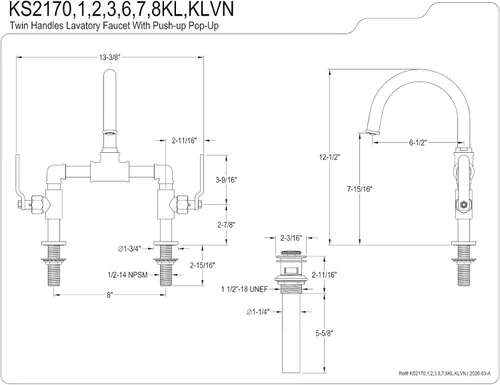 Miniatura 8 de Kingston Brass KS2176KL Whitaker Bridge - Grifo de baño, 13.38 x 6.5 x 12.5, níquel pulido