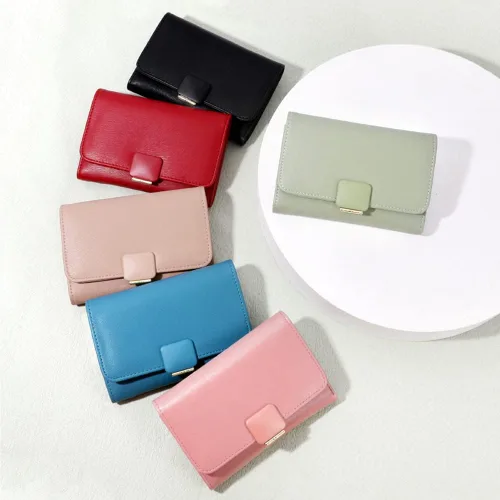 Miniatura 9 de Cartera pequeña para mujer, tarjetero de piel sintética, bloqueo RFID, con triple pliegue, sobre con cremallera, monedero, rosa ( B - Pink ), Moda