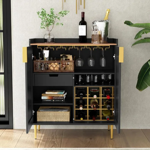 Miniatura 3 de ARTPOWER Aparador Buffet con Textura Acanalada, Gabinete Moderno de Barra de Café con Estante para Vinos y Cajones, Gabinete Negro de Licor