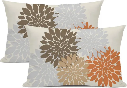 Juego de 2 fundas de almohada para exteriores de 12 x 20 pulgadas, color gris y marrón, dalia geométrica moderna, flores rústicas, decorativas, para