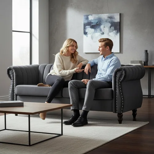 Miniatura 9 de Container Furniture Direct Darsen - Sofá Chesterfield moderno con elegantes brazos enrollados, ribete de cabeza de clavo y acolchado de canal, sofá