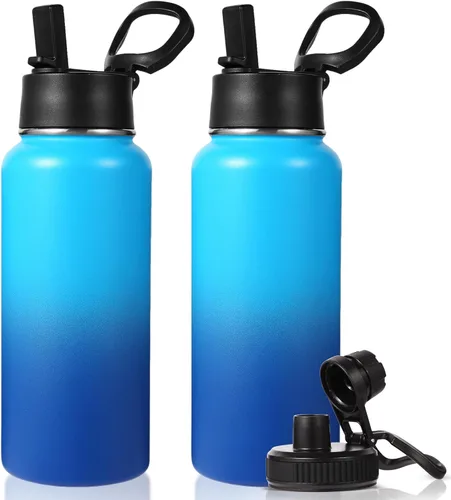 Miniatura 10 de Neihepal Botella de agua aislada de 32 onzas con 2 tapas (tapa con pajilla y boquilla), botellas de agua de doble pared de acero inoxidable 18/8
