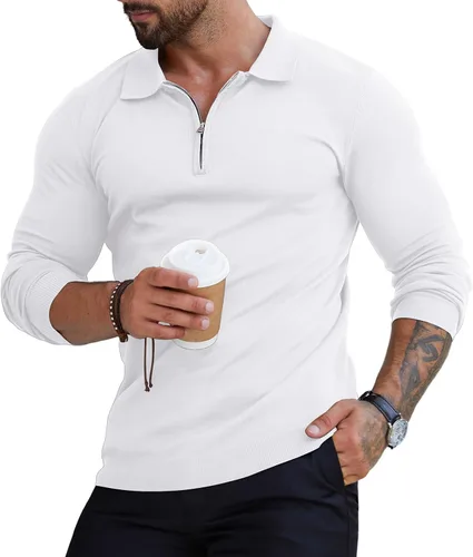 Miniatura 14 de RQP Camisas polo con cremallera para hombre, camisas casuales de punto de manga corta/larga, camisas de golf elásticas ajustadas, suéter suave