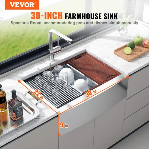 Miniatura 2 de VEVOR Fregadero de Cocina Farmhouse, Fregaderos de Sobreponer de Acero Inoxidable 304, Lavabo Individual de Montaje Superior con Reborde
