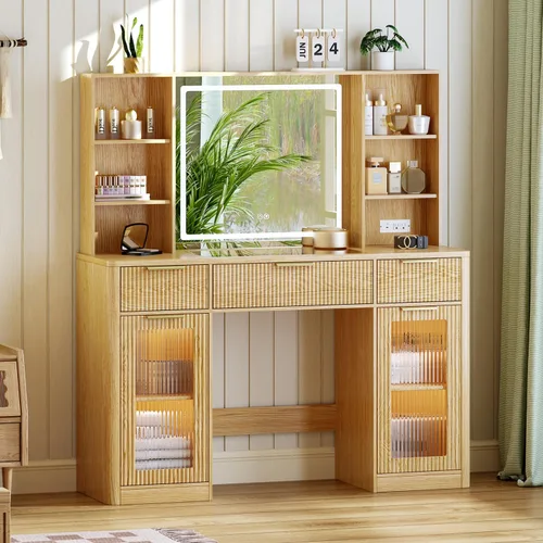 Miniatura 10 de Tocador grande de 47 pulgadas, moderno escritorio de maquillaje acanalado con espejo y luces, tocador superior de cristal con 3 cajones y 2 armarios