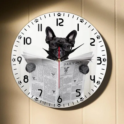 Miniatura 10 de Reloj de pared divertido de perro bulldog francés de 12 pulgadas para tienda de mascotas, batería silenciosa sin tictac, fácil de leer periódico