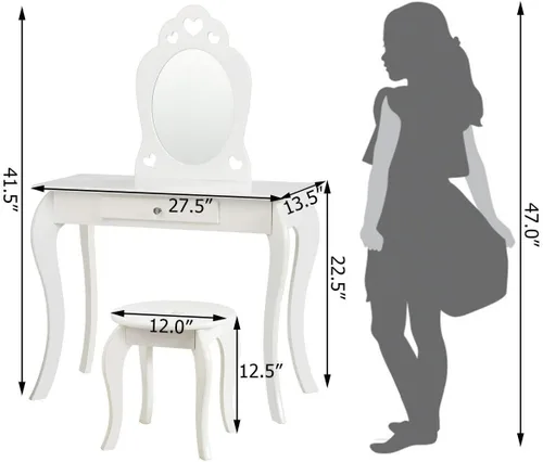 Miniatura 7 de Costzon Juego de tocador para niñas, set de tocador con espejo y taburete, cajón de almacenamiento, escritorio de maquillaje para niñas pequeñas