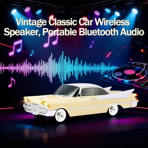 Miniatura 6 de WSTER WS-1965 Replica altavoz Bluetooth – Diseño retro de cohete coche, sonido HD, TWS, luces LED de fiesta, radio FM, reproducción USB/TF, Beige