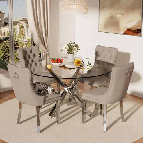 Miniatura 34 de Juego de mesa de comedor redonda de cristal moderno de mediados de siglo para 4, juego de vajilla circular de lujo plateado de 5 piezas, juego