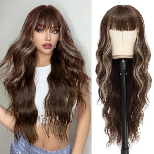 NAYOO Pelucas marrones con flequillo para mujer, pelucas de cabello largo y ondulado, resistentes al calor, pelucas de fibra sintética para uso
