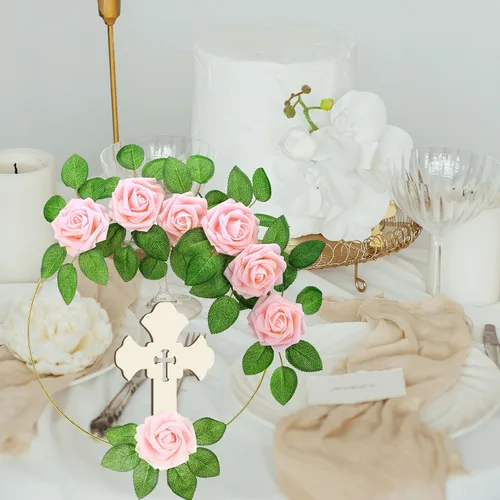 Miniatura 5 de LEIFIDE 40 piezas de decoración de primera comunión para bautismo, centros de mesa, decoración de la primera comunión con 8 anillos de aro florales