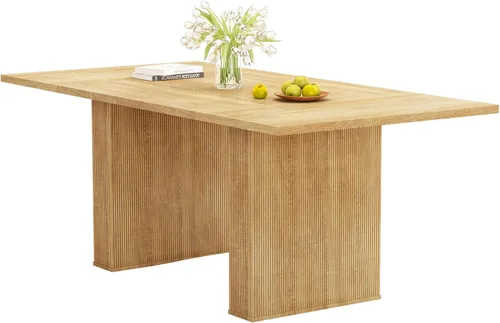 Miniatura 9 de QHITTY mesa de comedor acanalada de 78 pulgadas de madera para 6 a 10 personas, mesa larga rectangular de estilo campestre con base de tiras