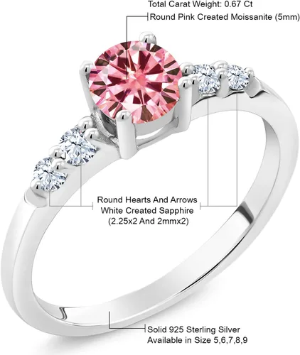 Miniatura 4 de Gem Stone King Anillo de compromiso de plata de ley 925 con moissanita rosa y zafiro blanco creado 0.67 quilates Anillo de compromiso