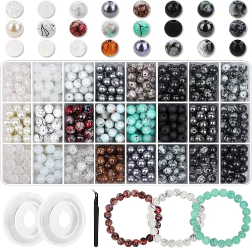 Miniatura 9 de PAXCOO 720 piezas Cuentas de vidrio para hacer joyas 8mm, kit de fabricación de pulseras con cuentas redondas sueltas de 24 colores en púrpura