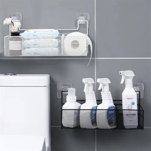 Miniatura 8 de Estantes de baño, organizador de baño de montaje en pared con 2 compartimentos, alambre de metal sin taladrar cesta organizadora para cuarto de Negro
