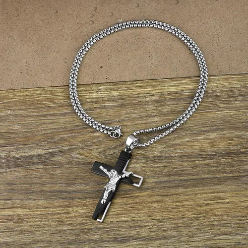 Miniatura 5 de YL Collar de cruz de acero inoxidable con colgante de crucifijo para hombre cadena Rolo de Jesucristo joyería de oración del Señor