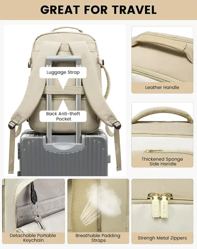 Miniatura 7 de LOVEVOOK Mochila de Viaje Grande para Mujeres Equipaje de Mano Mochila Bolsas de Artículos Personales Esenciales, Caqui-beige, Mochilas de viaje