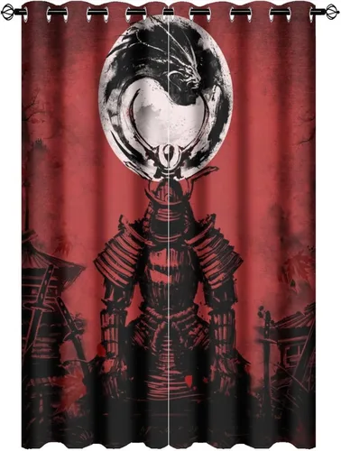 Miniatura 27 de Cortinas opacas abstractas japonesas samuráis para dormitorio, caballo samurái rústico, rojo, ojal, aislamiento térmico, cortinas de oscurecimiento