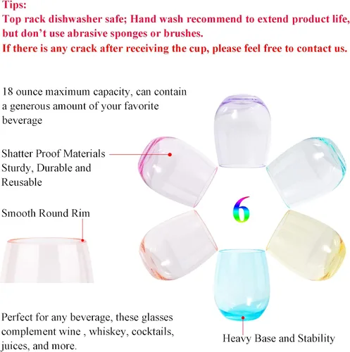 Miniatura 3 de KOXIN-KARLU Copas de vino clásicas de acrílico sin tallo de 18 onzas, juego de 6 vasos de plástico irrompibles para bebidas mixtas, multicolor