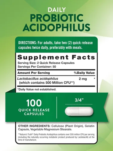 Miniatura 2 de Probióticos para hombres y mujeres Apoyo digestivo 500 millones de UFC 100 cápsulas Acidophilus Por Nature's Truth