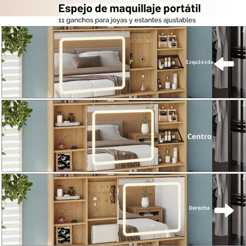 Miniatura 4 de Escritorio de tocador acanalado de 43.3 pulgadas con espejo y luces, escritorio de maquillaje de madera con estación de carga y espejo móvil, Roble