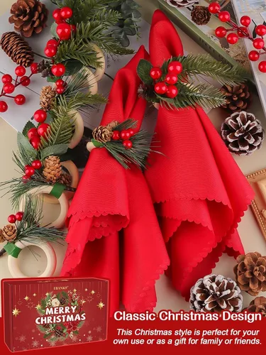 Miniatura 5 de Juego de 16 servilletas y anillos de Navidad, 8 hebillas de servilletas de Navidad y 8 servilletas de Navidad lavables rojas de tela con bayas rojas