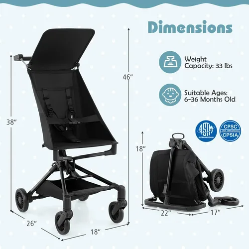 Miniatura 7 de BABY JOY Cochecito ligero, cochecito de viaje compacto para avión con fácil plegado con una sola mano, toldo ajustable, cesta de almacenamiento