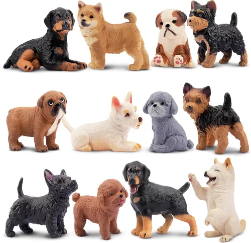 12 figuras de perro, figuras realistas de plástico para cachorros, pintadas a mano, juguete emulacional de animales pequeños, decoración de pastel