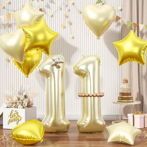 Globos dorados de color champán con el número 11, globos de oro claro, globo de aluminio dorado con forma de corazón con estrella y globo largo para
