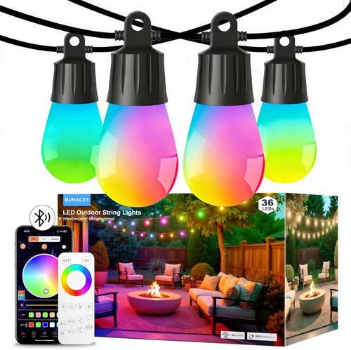 Tira de luces para exteriores con control remoto, 118 (98 + 12) pies, RGB+IC+luz blanca cálida para exteriores, 36 bombillas LED, no extensibles,