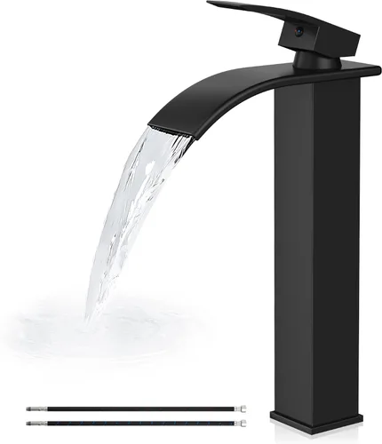 Airuida Grifo de fregadero negro mate, grifo de baño alto tipo cascada, mezclador de una sola llave con un agujero y boquilla grande rectangular,