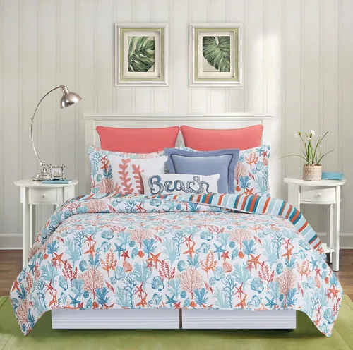 Miniatura 2 de C&F Home Tangerine Coast - Juego de edredón reversible de algodón con rayas tropicales costeras, naranja y azul, lavable a máquina, juego de 2