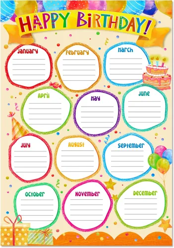 Miniatura 12 de FaCraft - Póster de cumpleaños reutilizable para el aula, laminado de 16.5 x 12 pulgadas, calendario de feliz cumpleaños de confeti para decoración