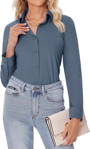 Miniatura 10 de siliteelon Camisas con botones para mujer, ajustadas, de manga larga, elásticas, de vestir, camisas de trabajo, sin arrugas, blusas de oficina