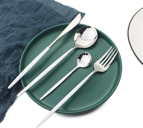 Miniatura 4 de Juego de cubiertos plateados con mango blanco, 24 piezas de acero inoxidable brillante, cubiertos para 6, aptos para lavavajillas Mango blanco plata