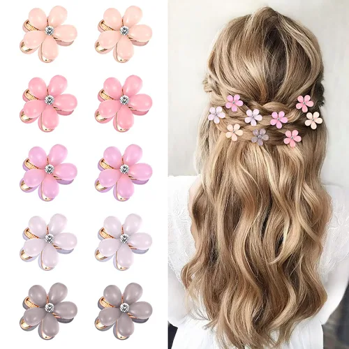 Miniatura 8 de 10 pinzas para el cabello de flores para niñas, pinzas pequeñas para el cabello, mini pinzas de flores con cristal, bonitos clips de garra de metal