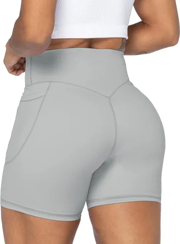 Sunzel - Pantalones cortos de ciclista sin costura frontal para mujer con bolsillos, para yoga, entrenamiento, gimnasio con control de abdomen