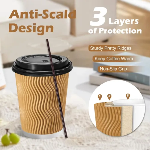 Miniatura 3 de Lamosi Tazas de café desechables de 8 onzas con tapas, paquete de 50 tazas de papel con aislamiento para llevar, con tapas y popotes, taza de pared