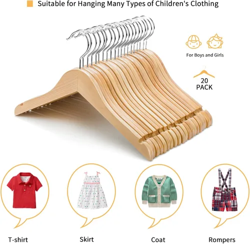 Miniatura 6 de Nature Smile Perchas de madera de 14 pulgadas para jóvenes preadolescentes con gancho antioxidante (paquete de 20 unidades, color natural)