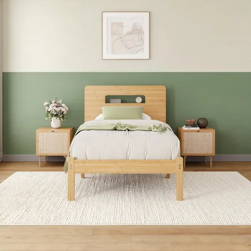 Miniatura 8 de ZIYOO Marco de cama de madera de bambú maciza tamaño individual con cabecera de almacenamiento, marco de cama plataforma de 14 pulgadas
