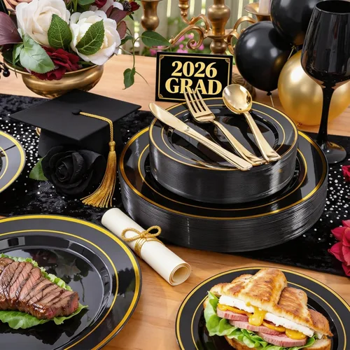 Miniatura 3 de WELLIFE 210 piezas platos de plástico negro y dorado - Juego de vajilla de plástico para 30 invitados, incluye 30 platos de cena, 30 platos
