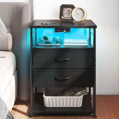 AODK Mesita de noche con estación de carga, mesa auxiliar para dormitorio, mesita de noche alta con cajones, mesita de noche pequeña para