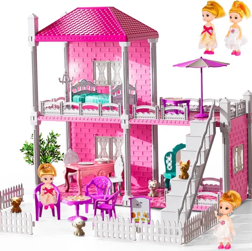 JUKUDAHU Juego de villa para niñas de 3 a 7 años, juego de interior para niñas con 2 pisos, 3 habitaciones, 2 muñecas para edades de 6 a 8 años,