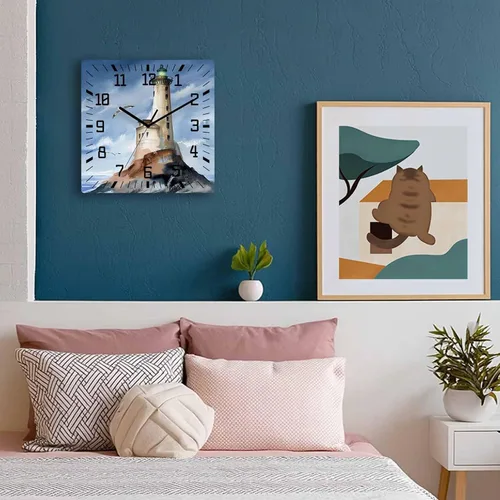 Miniatura 3 de Lighthouse - Reloj de pared de madera silencioso, sin tictac, náutica isla costera, gris, vintage, acuarela, reloj de pared cuadrado, funciona