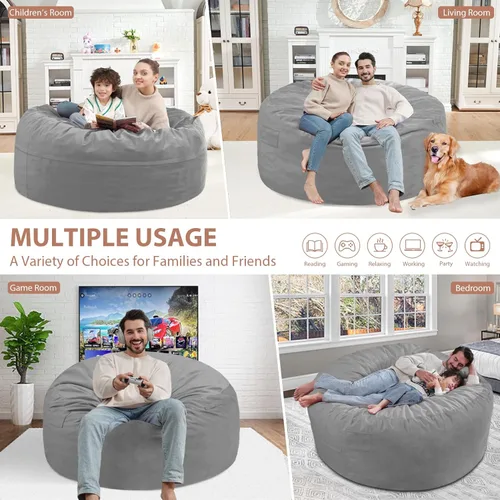 Miniatura 346 de Puf de 5 pies, puf grande con relleno de espuma viscoelástica, sofá puff esponjoso con funda de terciopelo holandés, puf redondo para sala de estar
