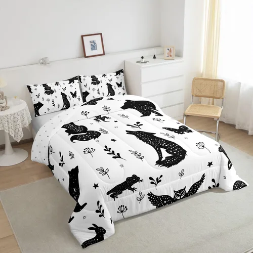 Miniatura 5 de Juego de ropa de cama matrimonial con diseño de bosques para niños y niñas, juego de edredón con diseño botánico de animales, estilo escandinavo
