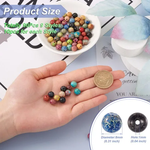 Miniatura 3 de Pandahall - 90 cuentas de jaspe imperial natural de 0.315 pulgadas (0.315 in), cuentas de piedras semipreciosas, 9 colores centrales perforadas