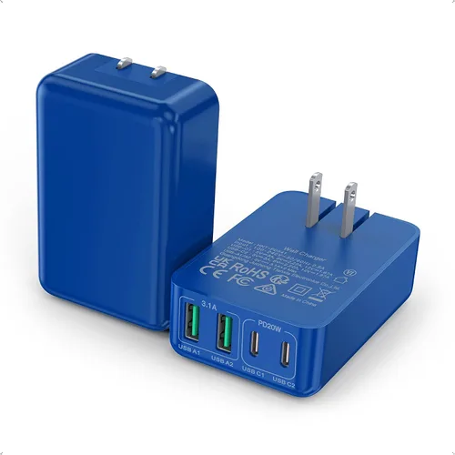 Miniatura 13 de Paquete de 2 bloques de carga USB C planos, 40 W, 4 puertos, cargador rápido de 20 W, bloque de carga tipo C, cargador de pared USB de 3.1 A, doble